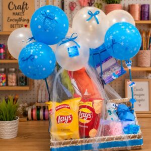 Handmade blue birthday gift basket with balloons