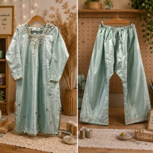 Mint green silk suit with mirror work