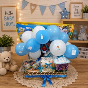 Baby boy gift hamper with blue balloons
