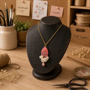Handmade pink pendant necklace with pearls