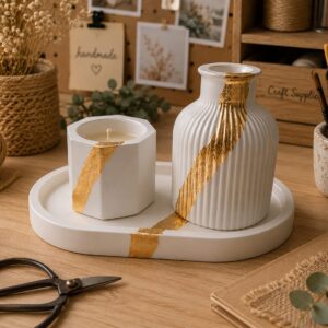 White and gold kintsugi candle and vase set