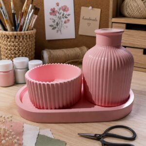 Pink ribbed ceramic vase and bowl set